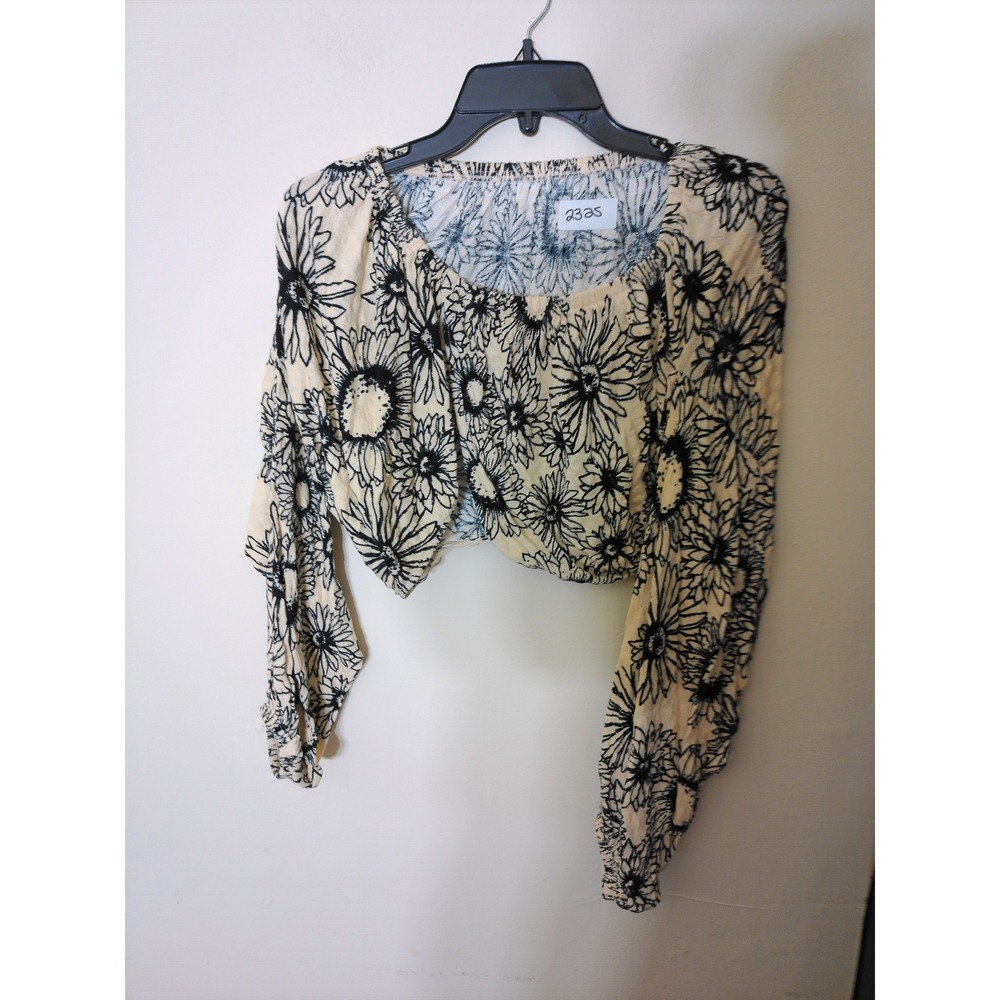 Urban Outfitters Crop Top Women Small Cream Black Floral Boho Wrap Whimsical